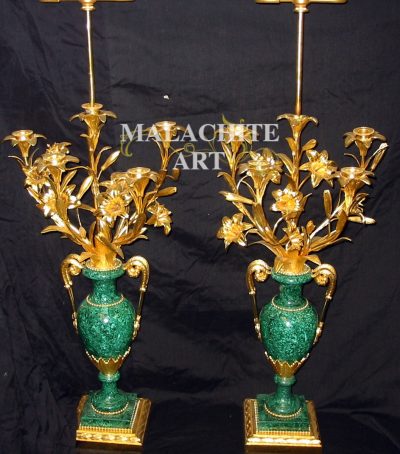 Pair of 19th C Malachite & Bronze Candelabra Lamps